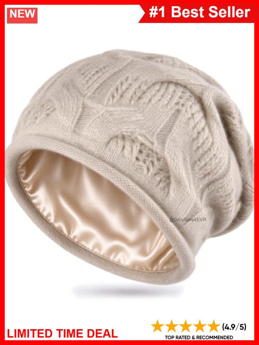 Silky Lined Cable Knit Slouchy Wool Beanie Warm Winter Hat